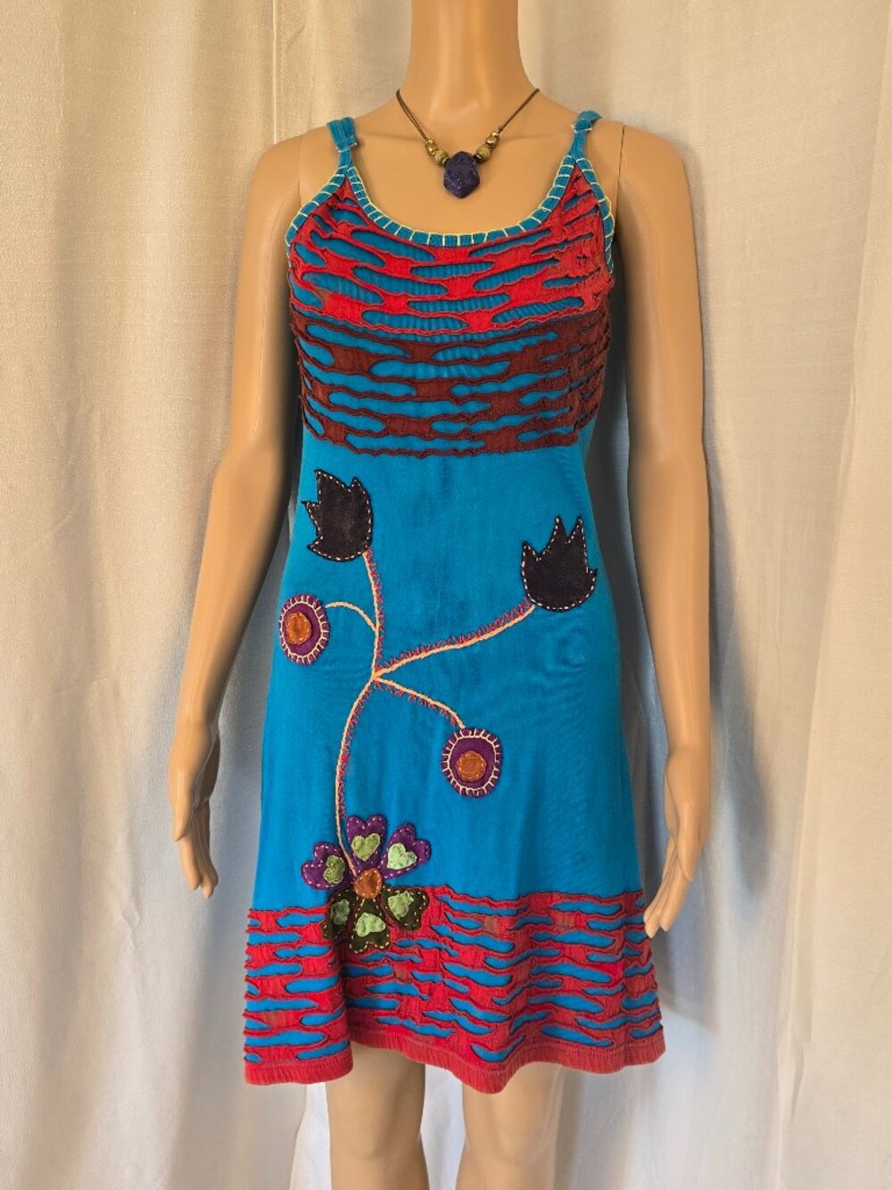 Blue and Red Embroidered Nepal Summer Dress with Adjustable Straps OS